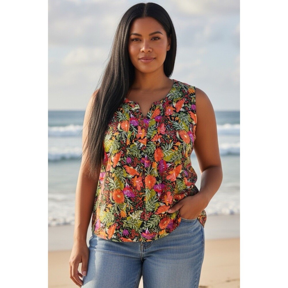 Croft & Barrow Womens V-Neck Pleated Top Floral Print Sleeveless Size 2X Multi